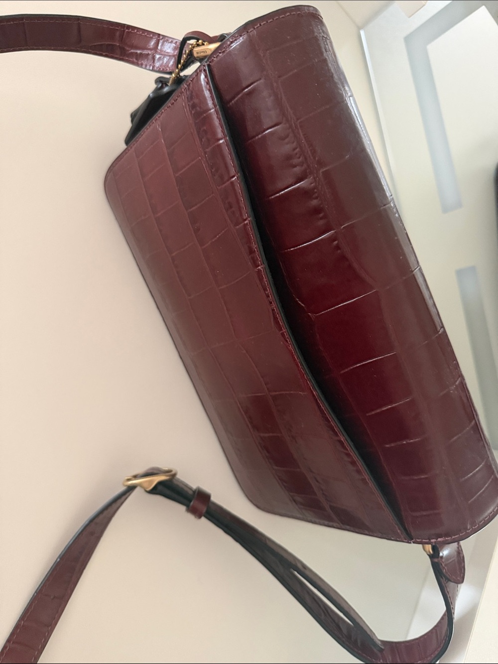 Coach Croc-Embossed Shoulder Bag in Burgundy with Gold Hardware - Picture 5 of 5